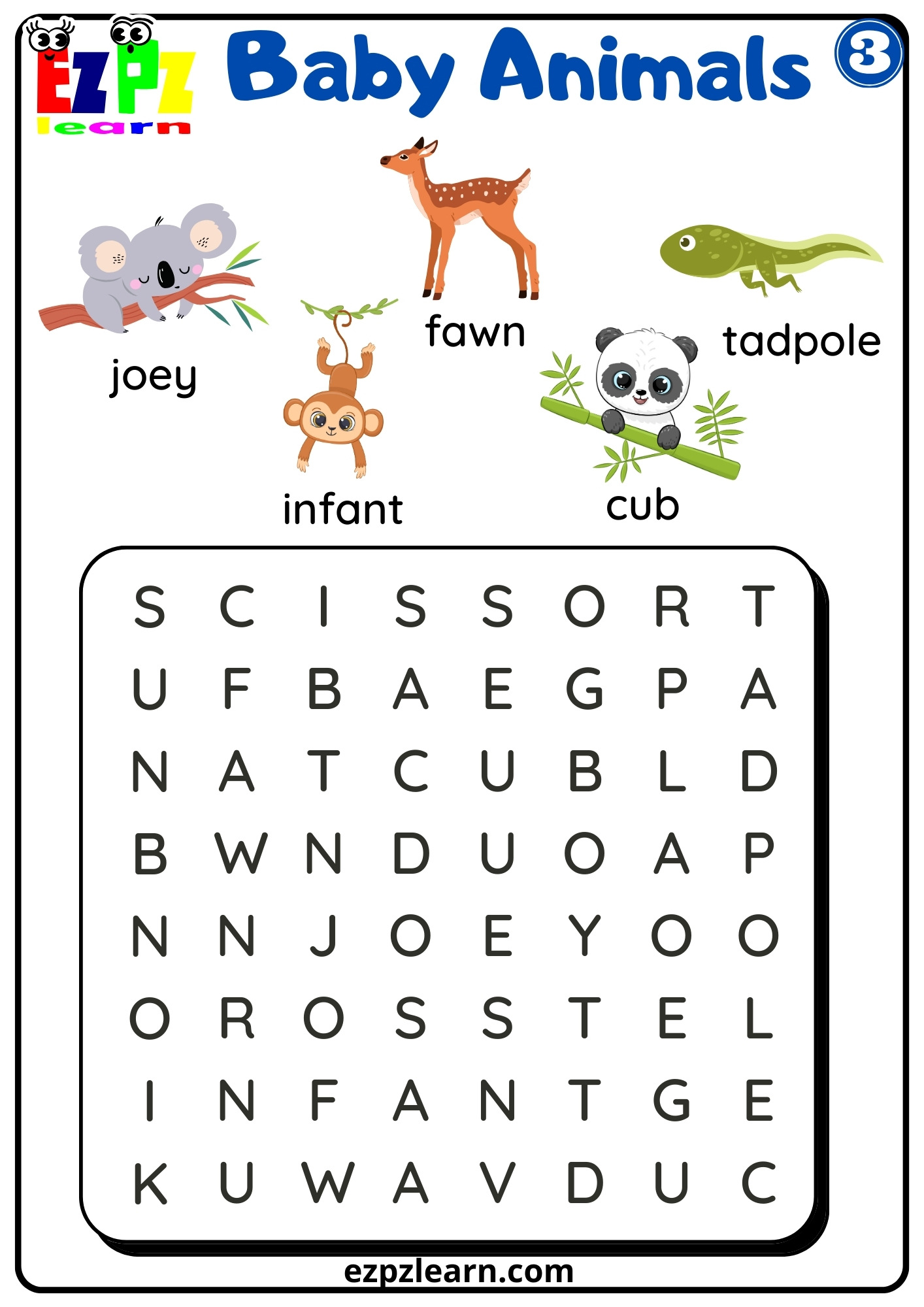 Baby Animals Vocabulary Word Search Worksheet for English Language